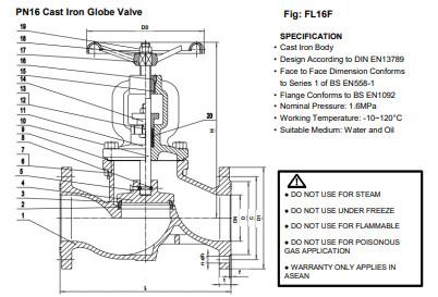 Model/mã:	FL16F Thương hiệu:	Kitazawa / JAPAN Chủng loại:	Van cầu Loại sản phẩm:	Van cầu Vật liệu, thân / trục / đĩa / seat:	Gang thép/Đồng đúc/Gang thép/đồng đúc Nhiệt độ:	-10oC - 120oC Áp lực:	6 Mpa Loại kết nối:	Nối bích Size:	50A ~ 300A
