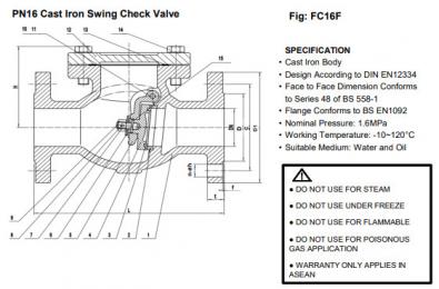 Van một chiều lá lật bằng gang thép nối bích FC16F